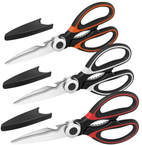 Vutyvve Set di 3 forbici da cucina multiuso, con lame in acciaio inox, colore rosso, nero, arancione