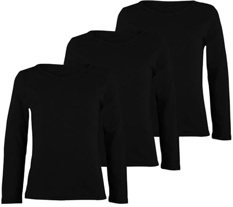 janisramone® Pack of 3 Kids T-Shirts, Unisex Plain Girls and Boys Long Sleeve T Shirt, Casual Round Neck Stretchy & Comfortable Boys Girls School Shirts