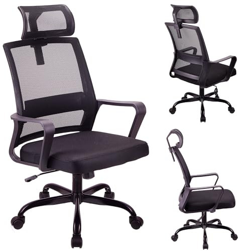 T-THREE. Adjustable headrest office chair, ergonomic mesh swivel seat, desk chair with lumbar support, height adjustment, 360° rotation, and tilt function, mesh backrest for Home Office(Black)
