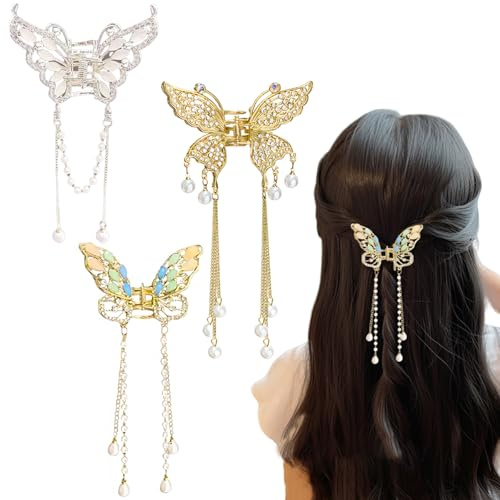3 PCS Butterfly Hair Claw Clips Metal with Fringe Clawclips Hair Clip with Rhinestone Non Slip Hair Barrettes Small Accessories for Women and Girls