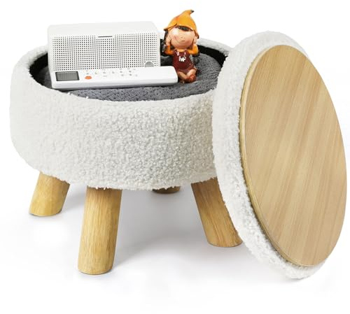 Nandae Pouf mit Stauraum,Teddy Samt Fußhocker 2-in-1 Deckel Wird,Hocker Sitzhocker Ottomane mit Stoffbezug abnehmbar & Holzfüßen Für Wohnzimmer, Schminktisch (32x28cm, Beige)