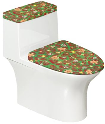 Lunette de Toilette Fleurs Rouges Vertes Ensemble de Housses pour WC avec Fond élastique et Housse Anti Poussière Couvercle de Réservoir de Toilette Deco Salle de Bain (4 pièces)