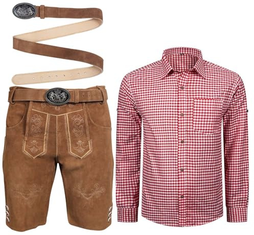 ALL THE GOOD Herren Trachten Set Lederhose mit Gürtel + Trachten Hemd Bayerische Oktoberfest Trachtenlederhose MGKHBR01