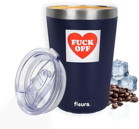 Fisura – Thermobecher aus Edelstahl mit witziger Aufschrift F* off. Isolierbecher to go 310 ml in Blau. Wiederverwendbarer Kaffeebecher für Auto oder Büro. BPA-frei. Originelle Geschenkidee.