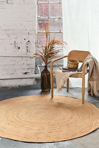 TAPISO Jute Teppich Rund | Boho Wohnzimmer Wohnzimmerteppich Naturfaser | Handgewebt, Pflegeleicht und Juteteppich Für Fußbodenheizung | Beige Teppich Schlafzimmer 160 x 160 cm
