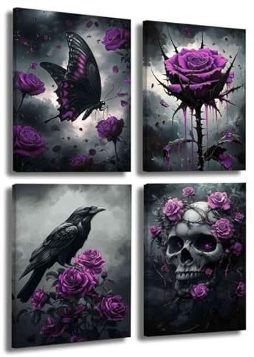 LZIMU 4 teiliges gotisches romantisches Rosenbild Rabe Krähe Schmetterling Totenkopf Leinwanddruck dunkles Gothic Horror Ästhetik Poster Schwarz Weiß Gemälde Halloween (Lila, (20x30cmx4 Teilig))