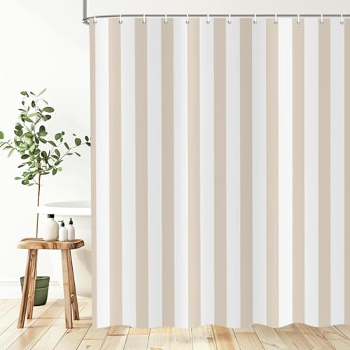 ASDCXZ Gestreift Duschvorhang 180x200 cm, Modern Einfach Japanischer Stil Beige und Weiß Vertikal Gestreift Wasserdicht Badvorhang Polyester Textil Waschbar Duschvorhänge für Badewanne mit 12 Haken
