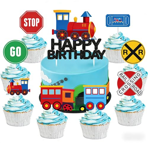 Sursurprise Geburtstagskuchenaufsätze mit Zugmotiv, 25 Stück, Dampfzug, Happy Birthday, Kuchenaufsätze und Cupcake-Picks-Set, Eisenbahnüberquerung, Transport-Tischdekoration für 1., 2., 3. Geburtstag