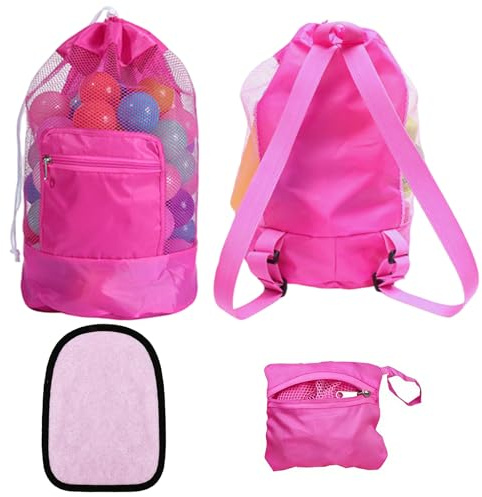 TENGWA Strandtasche Strandspielzeug Tasche 48 * 24cm Sandspielzeug TragbareMesh Rosa Strandspielzeug Tasche Große Faltbare für Kinder mit Handschuhe