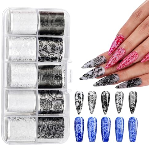 10 Rolls Nail Art Stickers Flower Nail Foil Transfer Sheets, Black White Lace Floral Nail Decals, Holographic Nail Decorations For Acrylic Nails Gel Nails Spring Manicure And DIY Craft Use