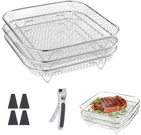 Lexuluxion Accessori per Friggitrice ad Aria, 3 Strati Impilabili, Piazza, Acciaio Inossidabile 304, con Quattro Piedini in Gomma E Clip