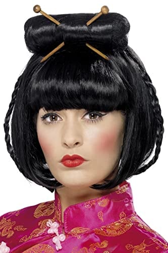 Smiffys Orientalische Lady Perücke, Schwarz, Mittellang mit Essstäbchen