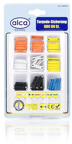 alca® Torpedosicherungen Set für Auto & Werkstatt | Abschmelzsicherungen, Weiß 8A, Hell-Orange 10A, Rot 16A und Orange 20A, jeweils 5 Sicherungen in Blau 25A und Grün 30A