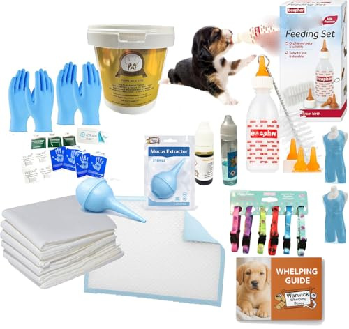 Warwick Whelping Boxes™ Deluxe Puppy Whelping kit Puppy Milk 250g Feeding Bottle - Whelping Printed Mini Guide, Mucus Extractor & Whelping Liner