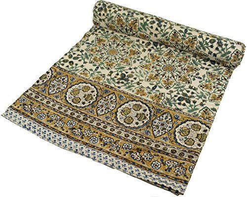 GURU SHOP Blockdruck Tagesdecke, Bett & Sofaüberwurf, Handgearbeiteter Wandbehang, Wandtuch - Design 5, Baumwolle, Size:Single 150x200 cm