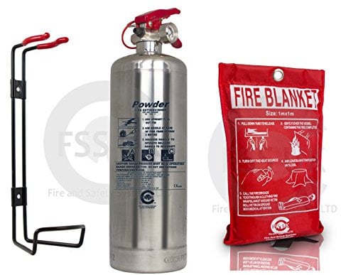 Chrome Silver Finish FSS UK Plus 1 KG ABC Dry Powder FIRE Extinguisher. CE Marked. Ideal for Homes Kitchen Workplace Offices Hotels Restaurants FIRE Rating 8A 21B C + CE Mark FIRE Blanket