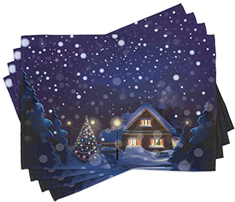 ABAKUHAUS Weihnachten Platzmatten, Winter-Nacht Haus, Waschbare Stoff Esszimmer Küche Tischdekorations Digitaldruck, Marineblau Gelb