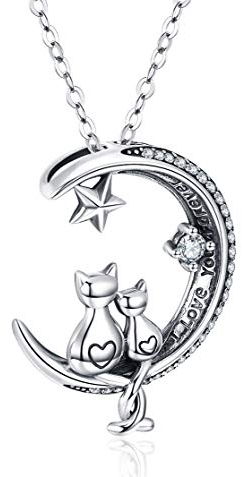 Odinstone Anhänger Katze, kette katze silber 925 Katze auf dem Mond Halskette, Damen schmuck katze Anti-Allergie, kette mit katzenanhänger Geschenk für Frauen Mädchen