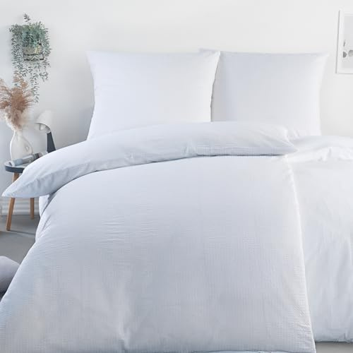 BaSaTex Seersucker Bettwäsche Set, 2-TLG., 135x200 cm, Weiss | Seersucker Baumwolle, Öko_Tex Zertifiziert, Bettgarnitur mit Struktur, Reißverschluss