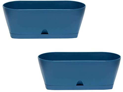 Engelland 2X Blumenkasten Balkonkasten Pflanztopf für Garten Balkon und Tischdeko mit Wasserauffangschale Farbe Petrol