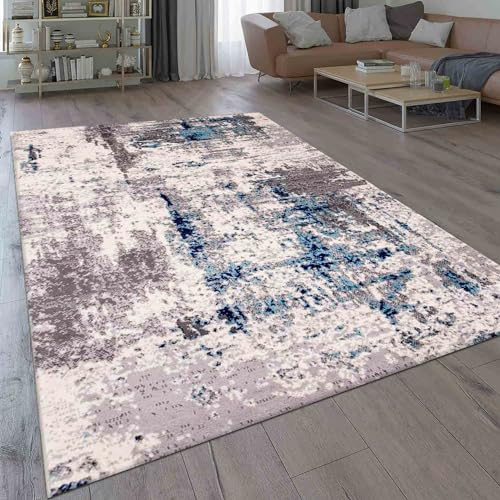 VIMODA Teppich Abstrakt Vintage Look Wohnzimmer Kurzflor Teppich läufer Blau, Maße:200x280 cm