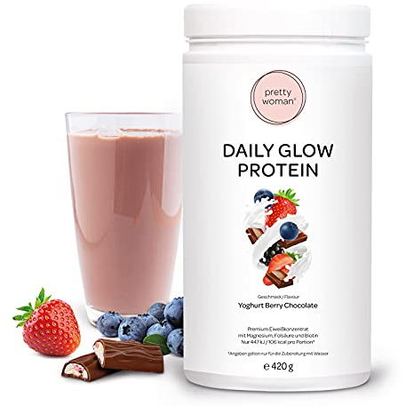 pretty woman® Daily Glow Eiweiss Protein Pulver für Frauen „Yoghurt Berry Chocolate“ 420 g/Low Carb Shake mit Vitaminen & Mineralien, Biotin & Folsäure - nur 0,5g Zucker pro Portion