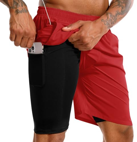 TENJOY Herren 2 in 1 Laufshorts 17,8 cm Schnell trocknende Fitness-Sport-Workout-Shorts mit Handytasche Rot M