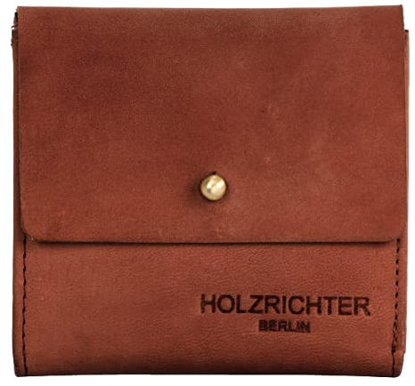 HOLZRICHTER Berlin – Kleine Damen Geldbörse aus Leder (No 4-5), Vintage, 11x10x1,5 cm, Mini Portemonnaie mit 7 Kartenfächern und Rückseitigem Münzfach, Kompakter Geldbeutel in Cognac