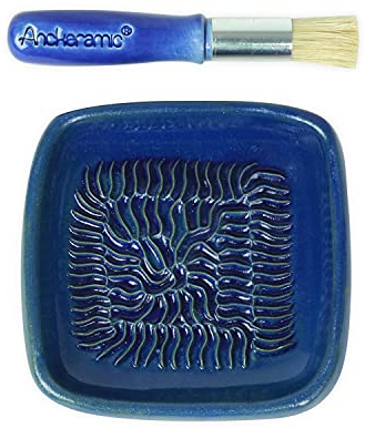ANCKERAMIC® Ceramico Reibeteller & Backpinsel mit Naturborsten, Set aus Keramik für Knoblauch, Ingwer, Muskat, Handmade (Blau/Blau)