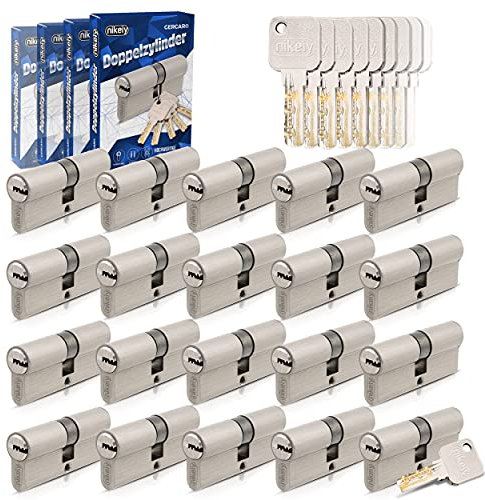 GERCAR Pro Lot de 20 cylindres de serrure à fermeture identique 30/30 avec 100 clés, serrures de porte à cylindres, longueur : 60 mm - A : 30, B : 30, en laiton mat massif