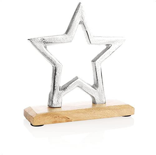 com-four® Premium Deko-Aufsteller Stern - Stern-Statue aus vernickeltem Aluminium auf Sockel aus Mangoholz - Deko-Stern zum Hinstellen - tolle Sterndeko (silberfarben - Kleiner Stern)
