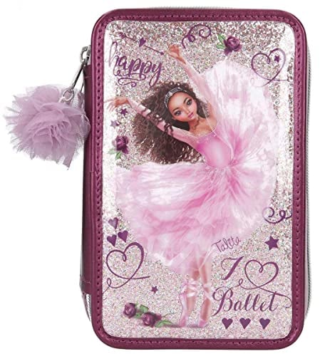 Depesche 11231 TOPModel - Gefüllte 3-fach Federtasche im Ballet Design, rosa Federmappe ca. 7,5 x 12,5 x 20 cm groß, mit Filz- und Buntstiften, Lineal, Schere, Kleber, uvm.