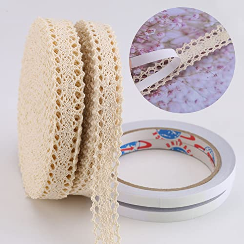 DAHI selbstklebende Spitzenband 26 Meter Baumwolle Dekoband -2cm Vintage Spitzenborte Häkel-Borte für Basteln Nähen Hochzeit Deko Scrapbooking Geschenkbox (beige)