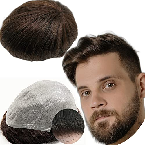 Echthaar Toupet für Männer, Glattes Haar 0,04-0.06mm V-Loop PU Super Dünn Haut Haarsystem Yanaair Europäische Echthaarteile Toupet Echthaar Perücke Mann(10x8,#2 Tiefbraun)