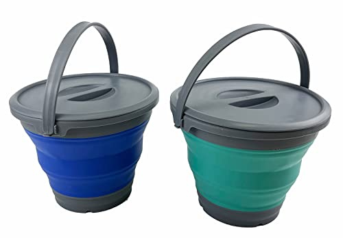 SAMMART 5.5L Set of 2 Collapsible Plastic Bucket with Lid - Foldable Round Tub with Lid - Portable Fishing Water Pail - Space Saving Outdoor Waterpot. (Purplish Blue +Turquoise Blue)