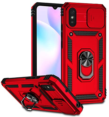 Jiyu Hülle Kompatibel mit Xiaomi Redmi 9A/Redmi 9AT/Redmi 9i, Kameraschutz Handyhülle Hybrid Handy Hüllen Militärische Rüstung Cover Metallring Case Stoßfest Weich TPU Bumper Schutzhülle,Rot