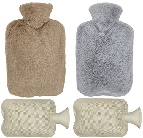 2 PCS Emsmil 2L Bouillotte avec Housse Bouteille d'eau Chaude Couvercle Anti-fuite Eau Amovible Lavable Peluche Souple Sac à Eau Durable pour Enfants Adultes Fournir Plus Chaleur Confort Gris Marron