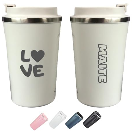 Happy Bottles Love | Taza termo | Taza nombre incluido | Taza personalizada | Taza térmica | Acero inoxidable | Bebidas calientes 6 h Bebidas frías 12 h | Multicolor | 380ml (Blanco)