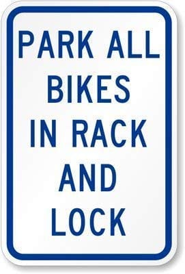 Park All Bikes In Rack And Lock Signs Warning Sign Caution Safety Sign Traffic Road Sign Aluminum Indoor Or Outdoor Signs For Home Office Work 8X12 Inches