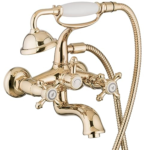 PaulGurkes Badewannenarmatur Gold Retro Zweigriffmischer Antik Armatur mit Brause