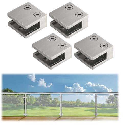 LukLoy 4 PCS Brushed Glass Clamp For Balustrade, Stainless Steel Square Flat Back Glass Brackets for 5/16 -15/32 (8mm-12mm) Tempered