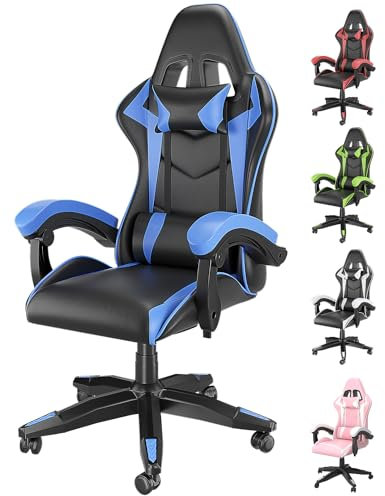 Racingreat Chaise de Gaming,Chaise de Jeu Chaise de Bureau, Appuie-tête et Coussin Lombaire, Ergonomique en Cuir PU Chaise D'ordinateur pour Gamer Bureau À La Maison Adulte Adolescent (Bleu)