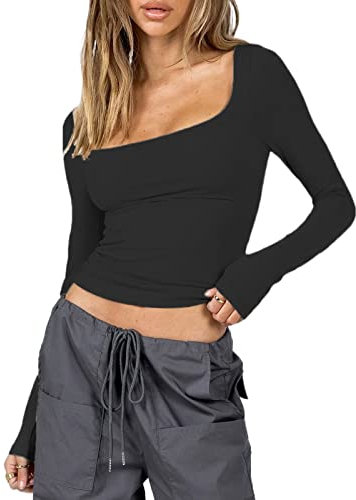 Geagodelia Women's Long Sleeve T-Shirt Ladies Elegant Top Y2K Fashion Aesthetic Clothes Outfit Streetwear Skims Dupes Tshirt (E - Black, S)
