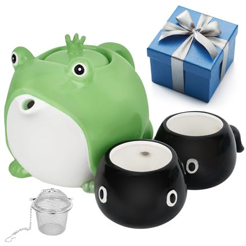 SUTETLW Frog Teapot & Teacup Cute Tableware Japanese Tea Set, Cup Set Parent-Child Service Ceramic for Travel,Home,Gifting,Outdoor, Pot (30oz), 2 Piece Cups (5oz),(SUTETLW-8064)