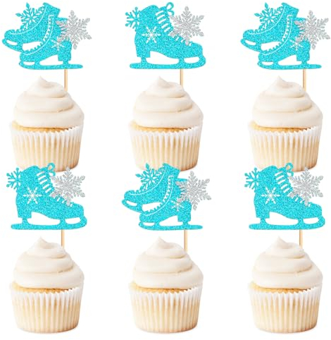 Keaziu 24 Pack Ice Skating Snowflake Cupcake Topper Ice Sports Theme Cupcake Decoration Skating Children Boy Girl Happy Birthday Party Decorations Supplies Blue 4