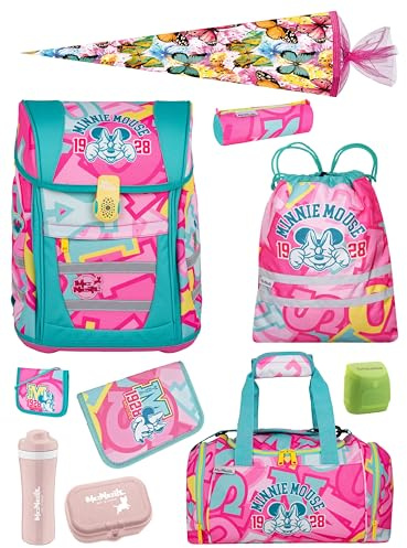 Familando - McNeill Teneris Schulranzen Set - 10-teilig mit Schultüte - Minnie Mouse - Ergonomisch & Verstellbarer Brustgurt - 980g leicht mit 18L Volumen & Reflektoren - Für Grundschule ab 1. Klasse