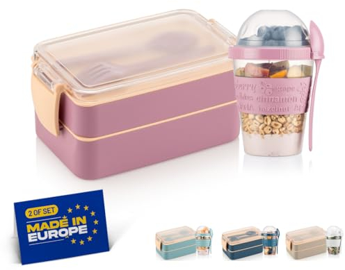 Winkly® Lunchbox, Brotdose kinder mit fächern (400+500) ml & 600ml Müslibecher - Bento Box To Go, 2-Fächer Bento & Besteck, Jausenbox für Mikrowelle & Spülmaschine, Brotdose schule, Picknick (Lila)