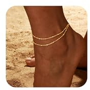 FUNEIA Fußkette Gold Damen 14K Vergoldet Boho Perlen Fußkettchen Mode Mehrschichtige Forever Herz Pearl CZ Fußkettchen Set Wasserfest Verstellbar Strand Fuß Schmuck für Frauen und Mädchen (H)