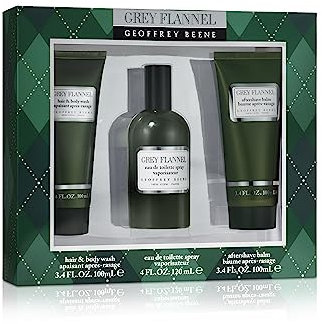 Geoffrey Beene, Coffret Trio Grey Flannel Eau de Toilette Vaporisateur pour Homme, Après-Rasage, Gel Douche, Senteur Boisée et Orientale, Parfum Chypré Vert Unique