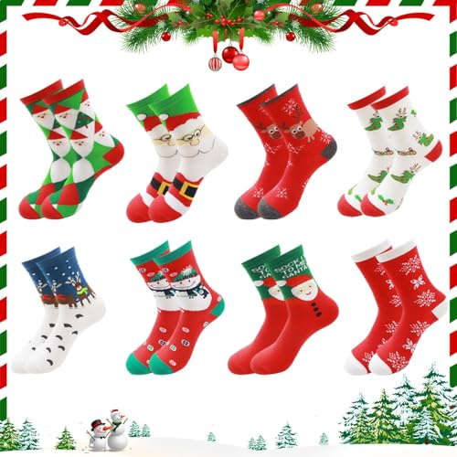 8 Pares Calcetines de Navidad, Calcetines Navideños Divertidos Hombres Mujer, Navidad Algodón Termicos Calcetines de Invierno, Calcetines Dibujos Regalos de Navidad para calcetines navidad familia